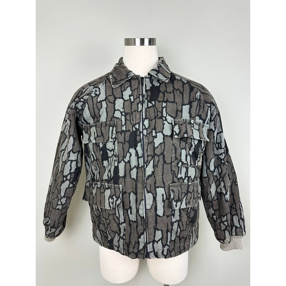 Vintage 90s Trebark Camo Fleece Jacket Mens L Quilted‎ Lined Hunting Zip USA